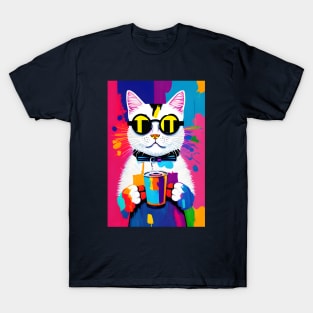 White Cat with Silly Sunglasses and Soft Drink T-Shirt